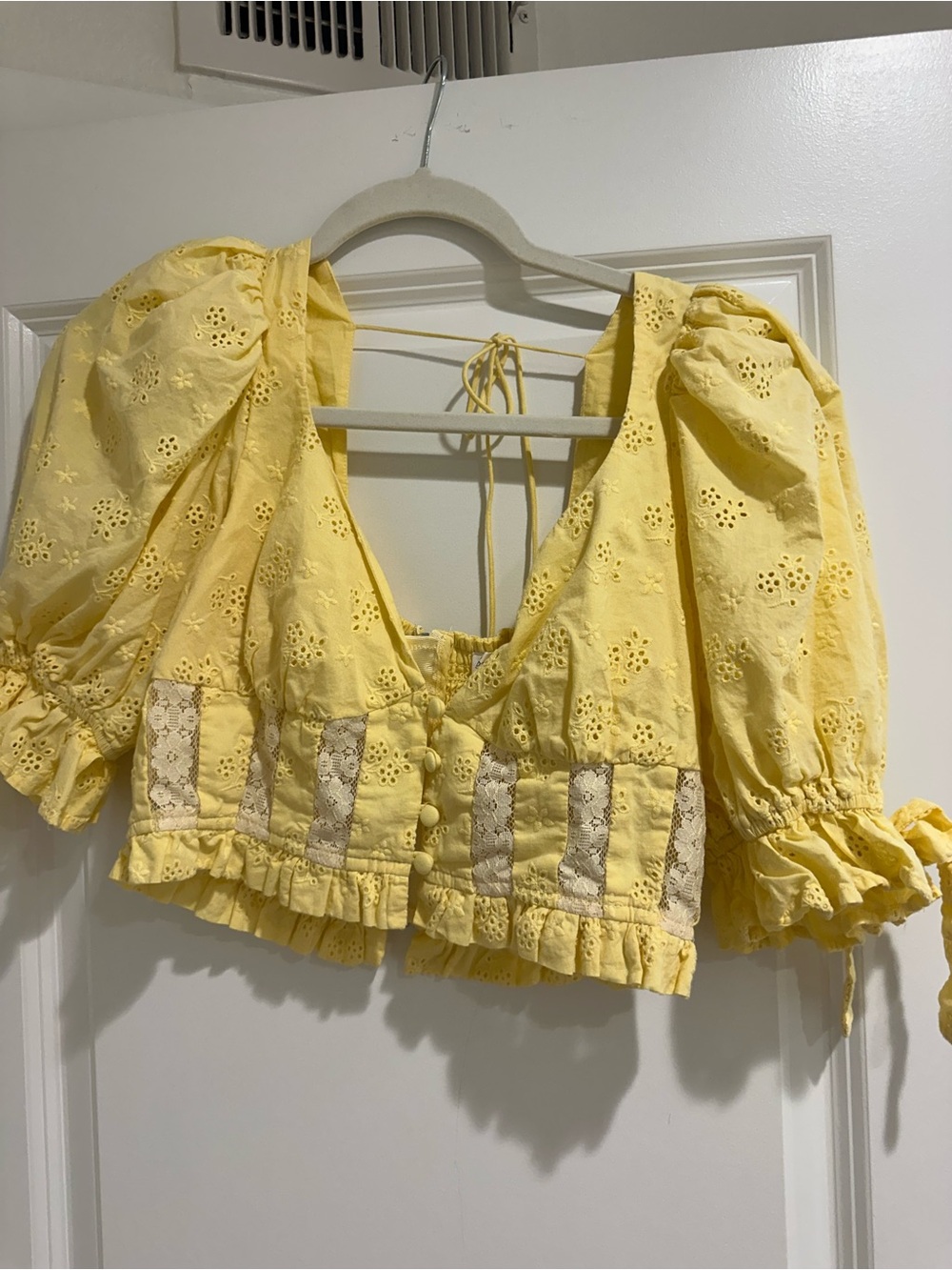 For Love & Lemons Yellow Eyelet Lace-Trim Puff Sleeve Crop Top